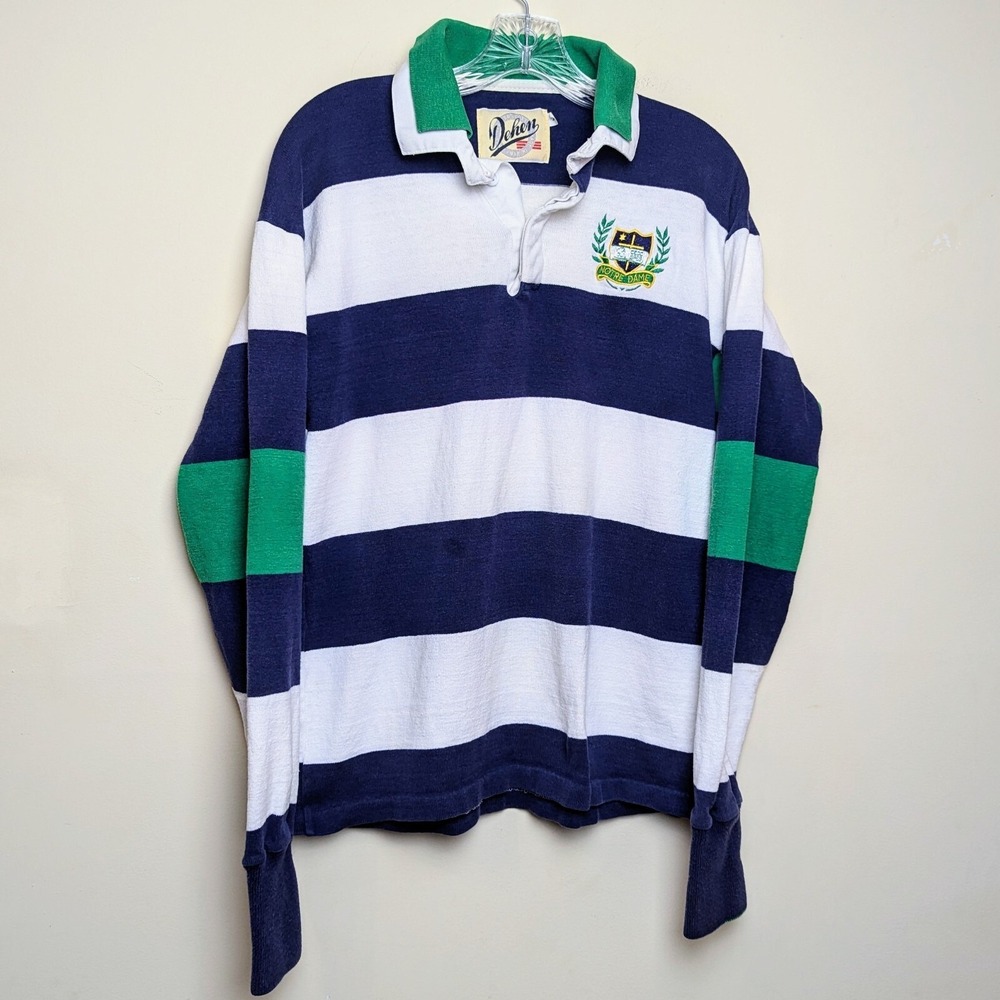Vintage 80s Dehen Notre Dame Polo Rugby Shirt Fighting Irish Striped Medium